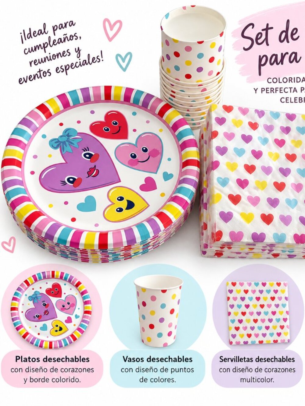 Set de vajilla desechable con diseño de corazones y colores alegres , perfecto p